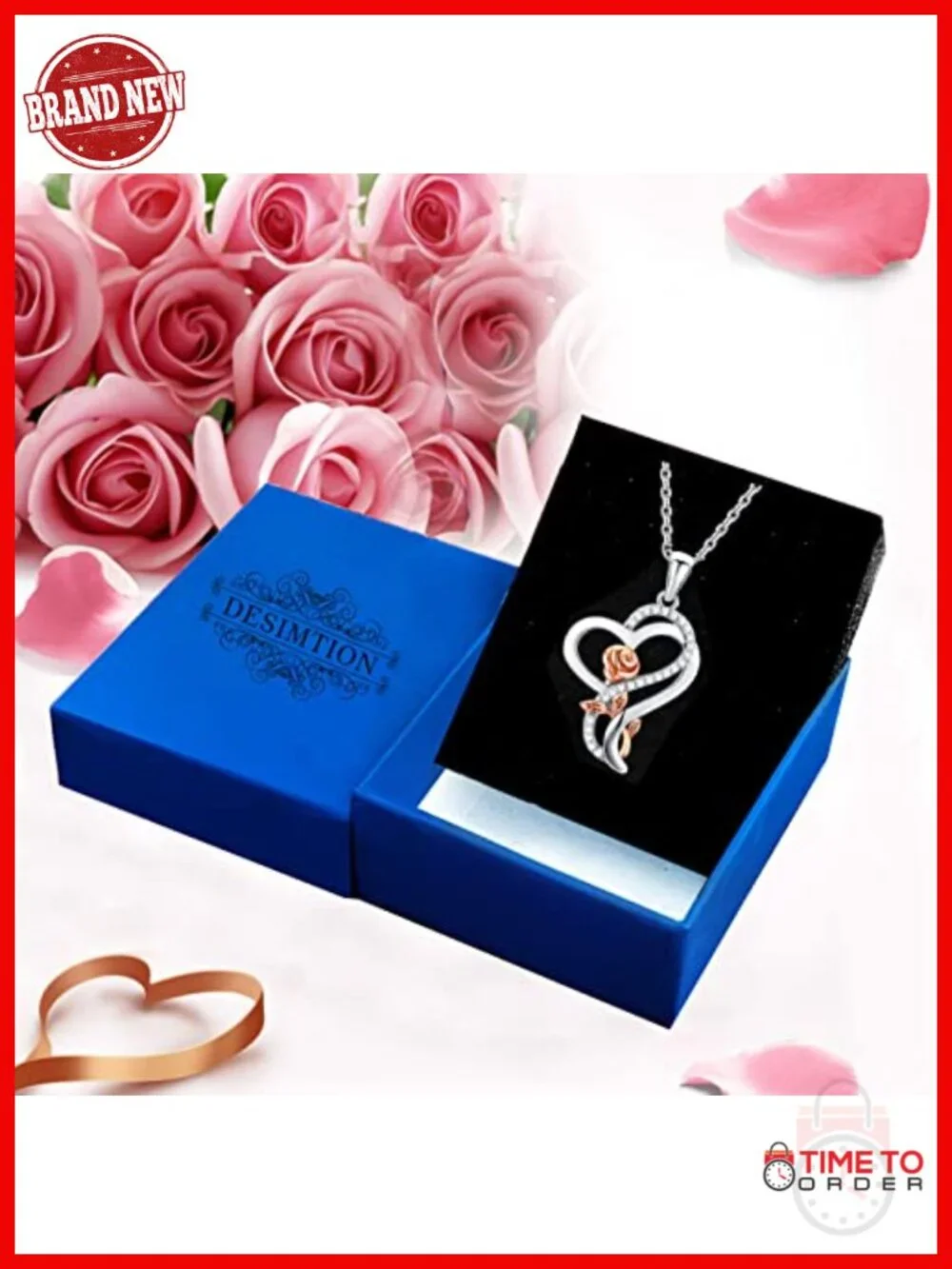 Sterling Silver Rose Heart Pendant Necklace with Cubic Zirconia